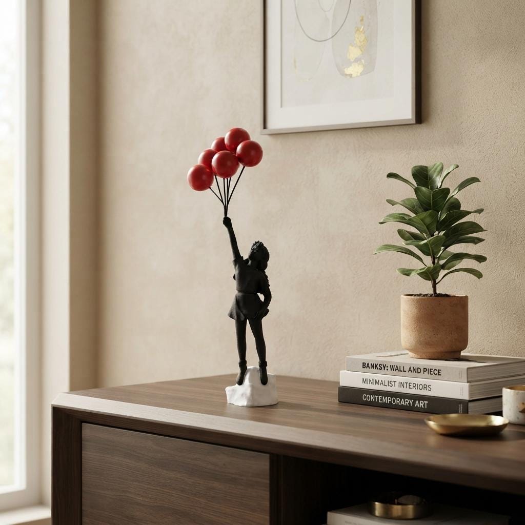 Banksy Girl with Red Heart Balloon Figurine, Black Silhouette Statue, Modern Street Art Home Decor Accent, Abstract Desk Sculptures.