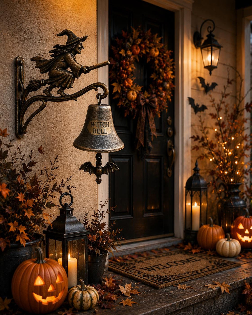 Witch Bell Wall Decor, Halloween Door Chime, Flying Witch Broom Hanger, Gothic Porch Accent, Spooky Entryway Ornament, Autumn Home Gift