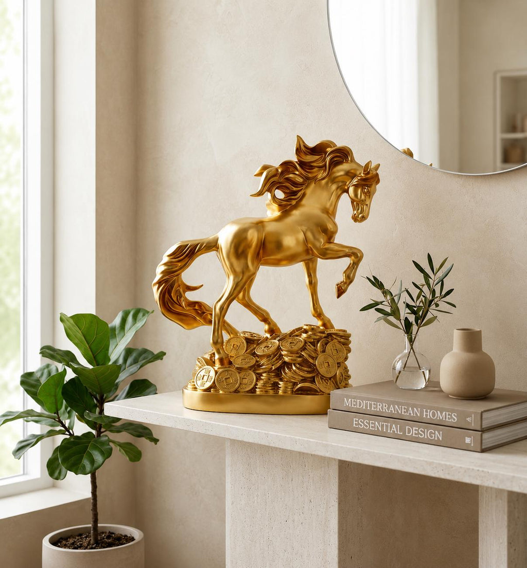 Golden Horse Statue, Feng Shui Wealth Decor, Galloping Equine Sculpture, Prosperity Coin Accent, Luxury Mantel Ornament, Office Gift.