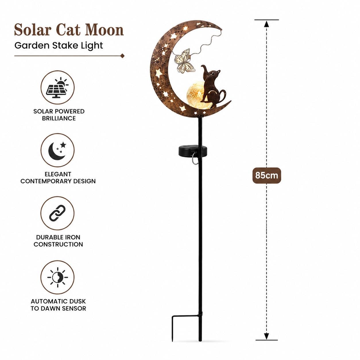 Solar Moon Garden Stake Light, Cat Crescent Moon Yard Decor, Outdoor Fairy Garden Light, Iron Pathway Light, Celestial Garden Gift