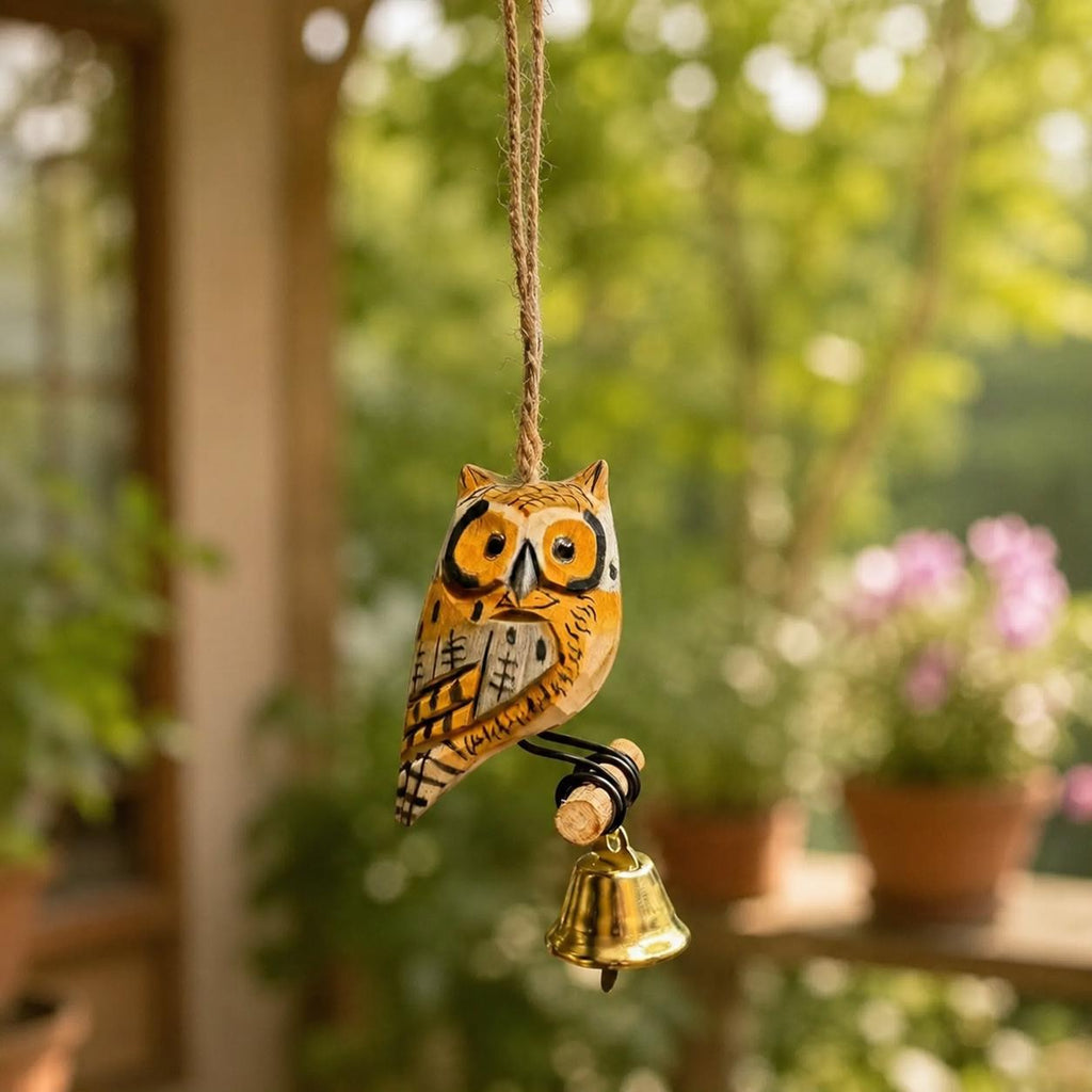 Wooden Owl Wind Chime, Handmade Hanging Owl Bell Ornament, Rustic Garden Decor, Outdoor Porch Chime, Bird Lover Gift, Hanging Ornament Gift