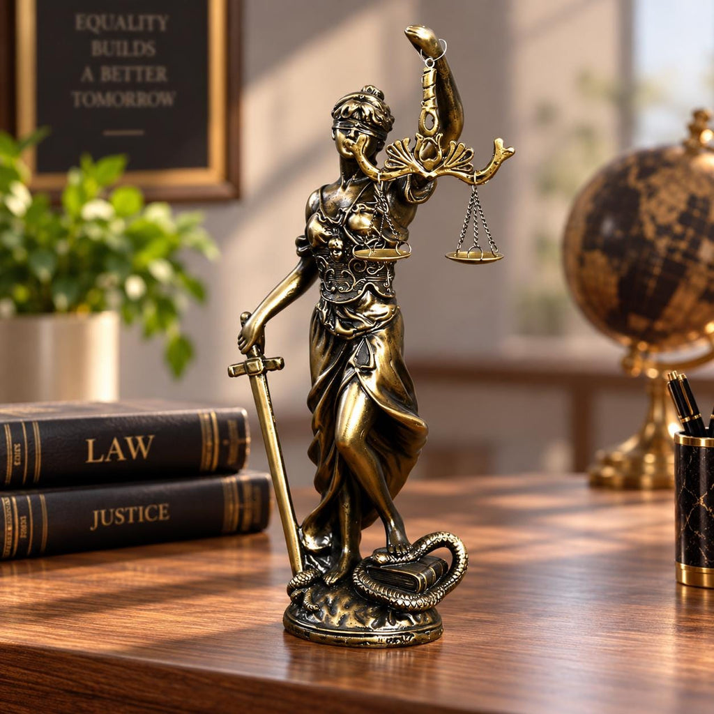 Lady Justice Statue with Clock, Lawyer Office Decor, Legal Gift, Scales Figurine, Law Firm Desk Ornament, Attorney Present.