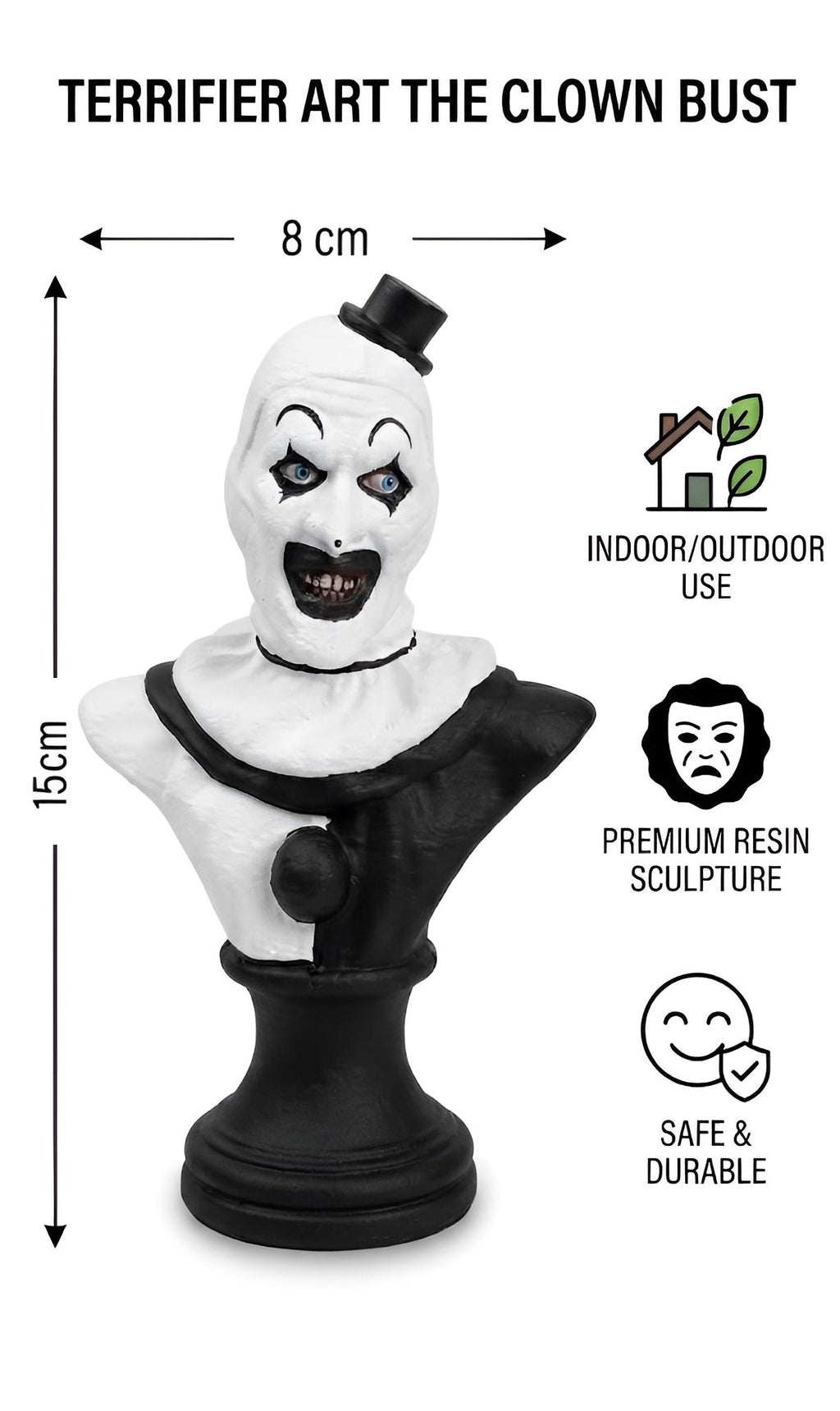 Terrifier Art the Clown Bust Statue, Scary Killer Horror Movie Figurine, Spooky Halloween Decor, Evil Creepy Tabletop Ornament Sculpture.