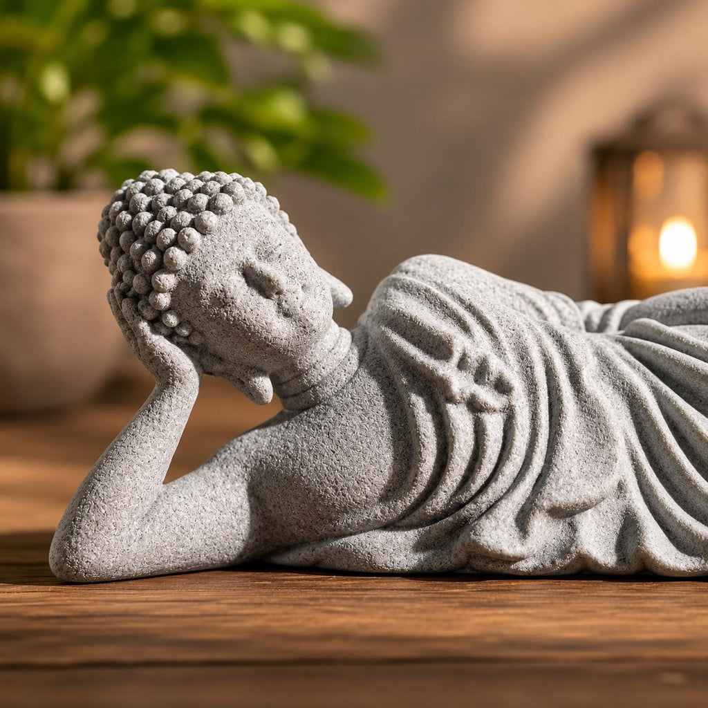 Reclining Buddha Statue, Zen Garden Sculpture, Meditation Decor, Peaceful Figurine, Buddhist Accent, Spiritual Home Ornament, Yoga Gift.