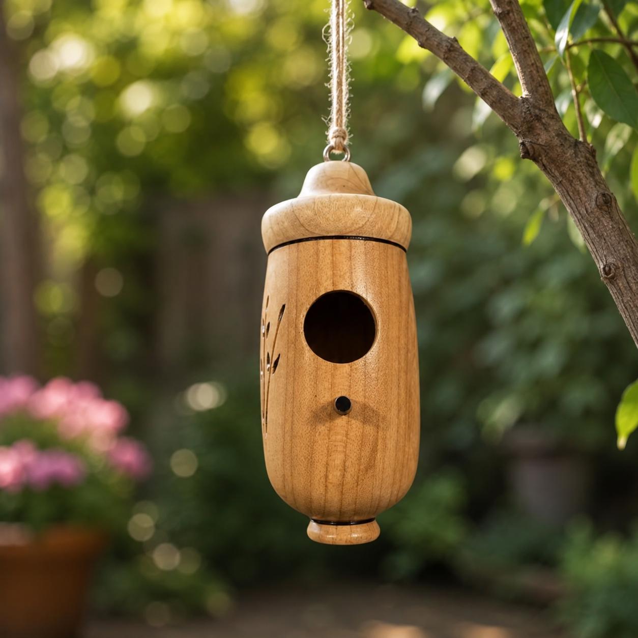 Hanging Birdhouse Garden Bird Feeder, Rustic Outdoor Decor, Acorn Cottage, Woodland Ornament, Backyard Accent, Nature Lover Gift.