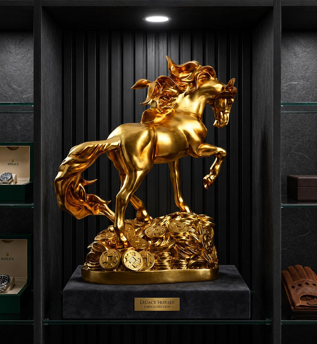 Golden Horse Statue, Feng Shui Wealth Decor, Galloping Equine Sculpture, Prosperity Coin Accent, Luxury Mantel Ornament, Office Gift.