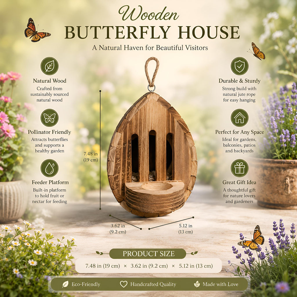 Hanging Wooden Butterfly Shelter, Rustic Butterfly Habitat, Outdoor Garden Insect House, Pollinator Friendly Yard Decor Gift, Garden Decor