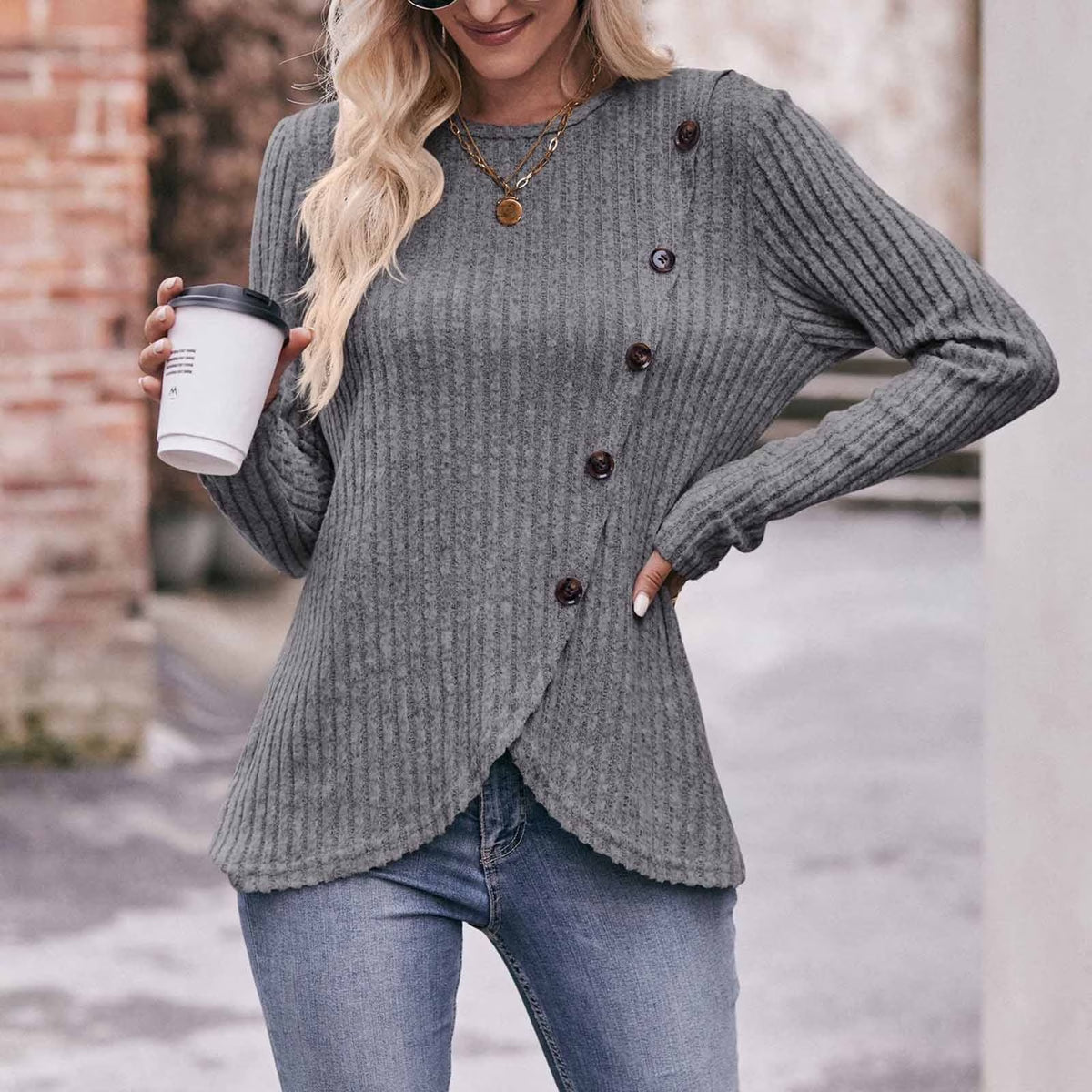 Long Sleeve Shirts for Women Knit round Neck Button Dressy Solid Color Sweater Blouse Autumn Lightweight Casual Tunic Tops Gray XXL