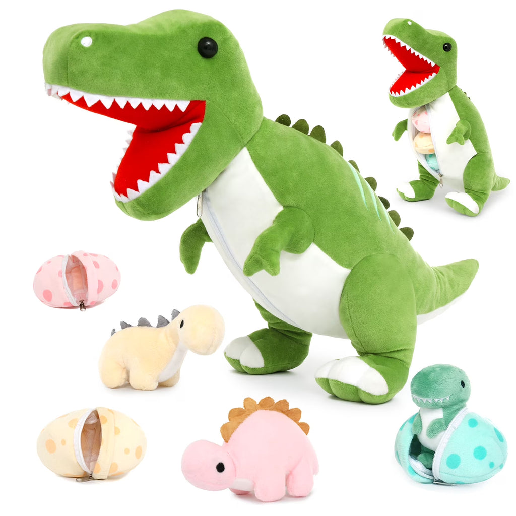 23.6" Green Dinosaur Stuffed Animal Mommy Dinosaur with 3 Baby Plush Toys