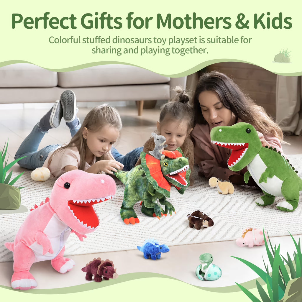 23.6" Green Dinosaur Stuffed Animal Mommy Dinosaur with 3 Baby Plush Toys