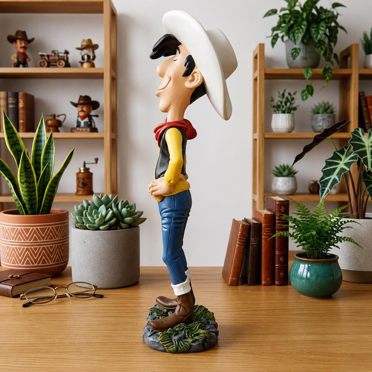 Cowboy Figurine Lucky Luke Statue, Cartoon Cowboy Western Decor, Rustic Home Bookshelf Desk Collectible Figure Gift.