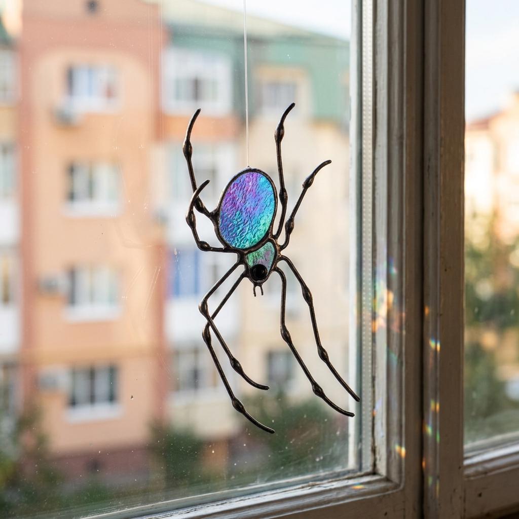 Iridescent Spider Suncatcher, Stained Glass Window Hanging, Gothic Halloween Decor, Colorful Arachnid Gift, Witchy Home Accent,
