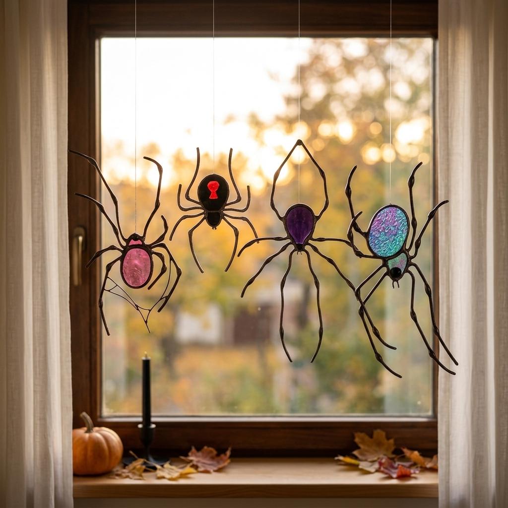 Iridescent Spider Suncatcher, Stained Glass Window Hanging, Gothic Halloween Decor, Colorful Arachnid Gift, Witchy Home Accent,